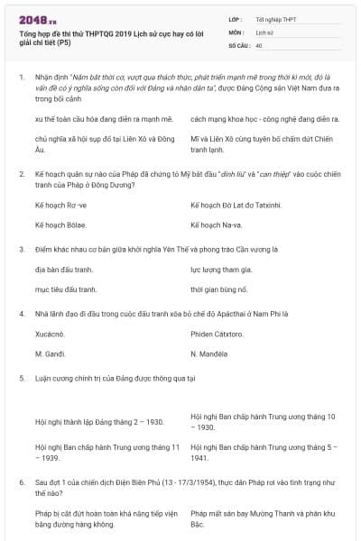 Tổng hợp đề thi thử THPTQG 2019 Lịch sử cực hay có lời giải chi tiết (P5)