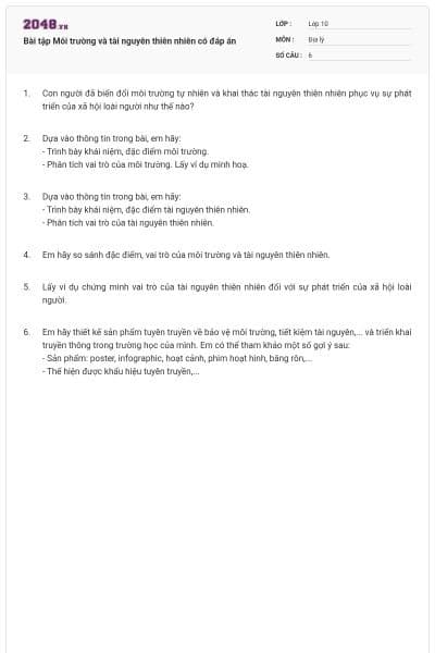 Bài tập Môi trường và tài nguyên thiên nhiên có đáp án