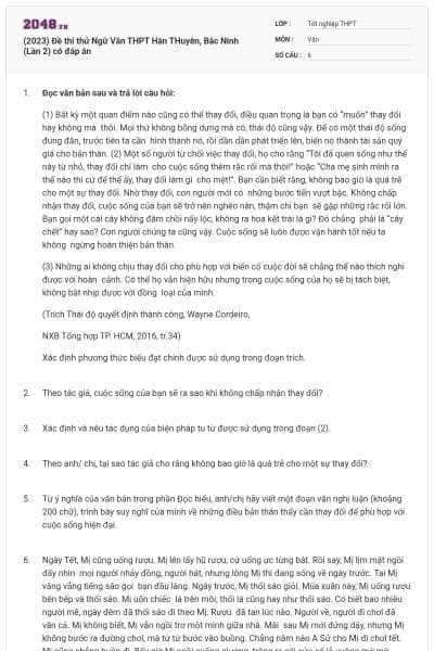 (2023) Đề thi thử Ngữ Văn THPT Hàn THuyên, Bắc Ninh (Lần 2) có đáp án