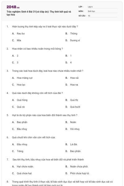 Trắc nghiệm Sinh 6 Bài 31(có đáp án): Thụ tinh kết quả và tạo hóa