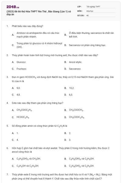 (2023) Đề thi thử Hóa THPT Yên Thế , Bắc Giang (Lần 1) có đáp án