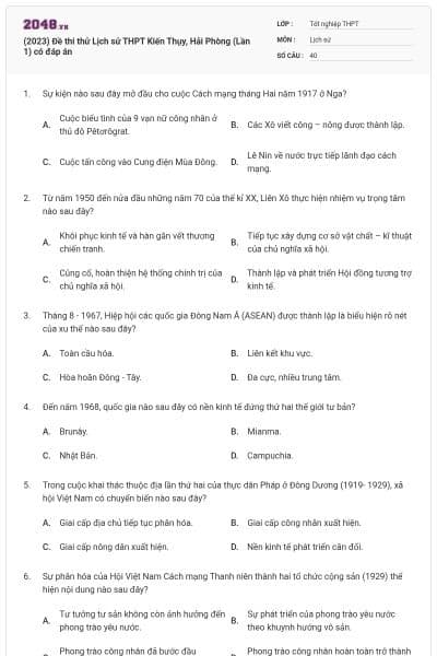 (2023) Đề thi thử Lịch sử THPT Kiến Thụy, Hải Phòng (Lần 1) có đáp án