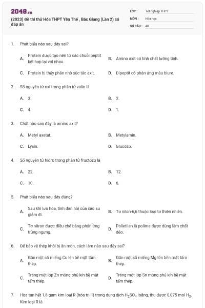 (2023) Đề thi thử Hóa THPT Yên Thế , Bắc Giang (Lần 2) có đáp án