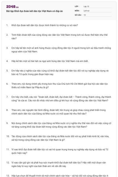 Bài tập Khối đại đoàn kết dân tộc Việt Nam có đáp án