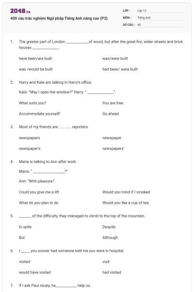 400 câu trắc nghiệm Ngữ pháp Tiếng Anh nâng cao (P3)