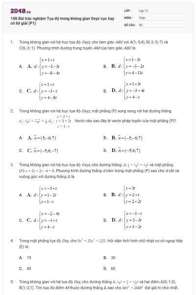 108 Bài trắc nghiệm Tọa độ trong không gian Oxyz cực hay có lời giải (P1)