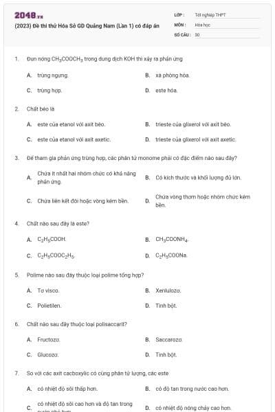 (2023) Đề thi thử Hóa Sở GD Quảng Nam (Lần 1) có đáp án