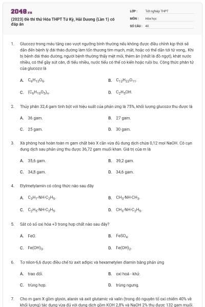 (2023) Đề thi thử Hóa THPT Tứ Kỳ, Hải Dương (Lần 1) có đáp án
