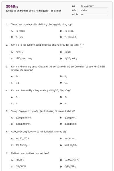 (2023) Đề thi thử Hóa Sở GD Hà Nội (Lần 1) có đáp án