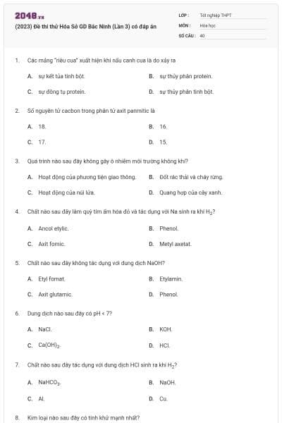 (2023) Đề thi thử Hóa Sở GD Bắc Ninh (Lần 3) có đáp án