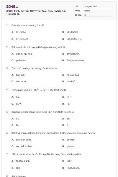 (2023) Đề thi thử Hóa THPT Trần Đăng Ninh, Hà Nội (Lần 1) có đáp án