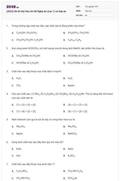 (2023) Đề thi thử Hóa Sở GD Nghệ An (Lần 1) có đáp án