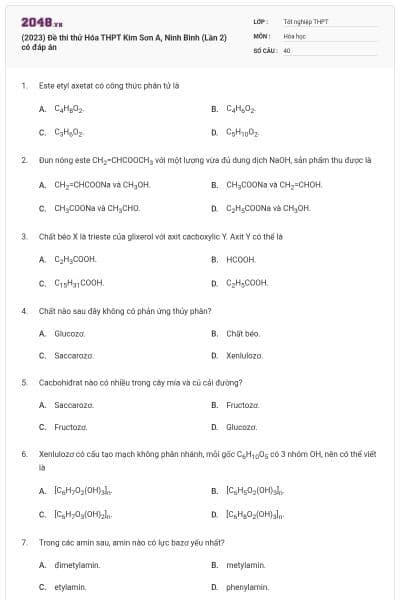 (2023) Đề thi thử Hóa THPT Kim Sơn A, Ninh Bình (Lần 2) có đáp án