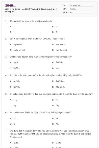 (2023) Đề thi thử Hóa THPT Yên Định 2, Thanh Hóa (Lần 1) có đáp án