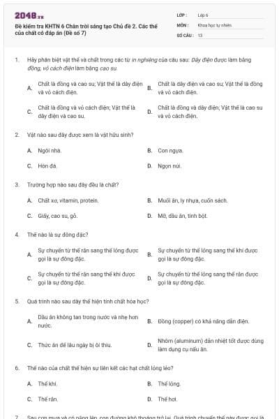 Đề kiểm tra KHTN 6 Chân trời sáng tạo Chủ đề 2. Các thể của chất có đáp án (Đề số 7)