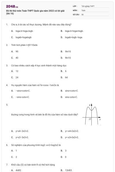 Đề thi thử môn Toán THPT Quốc gia năm 2022 có lời giải (Đề 16)