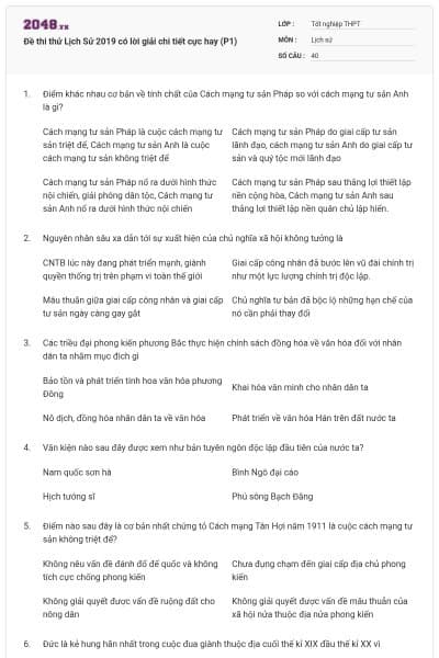 Đề thi thử Lịch Sử 2019 có lời giải chi tiết cực hay (P1)