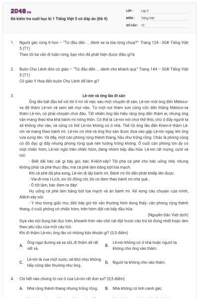 Đề kiểm tra cuối học kì 1 Tiếng Việt 5 có đáp án (Đề 4)