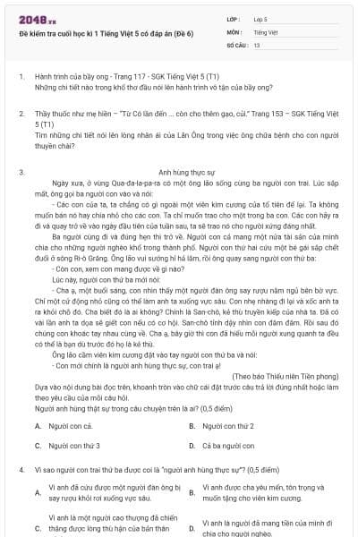 Đề kiểm tra cuối học kì 1 Tiếng Việt 5 có đáp án (Đề 6)