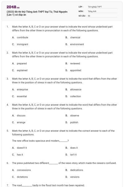 (2023) Đề thi thử Tiếng Anh THPT Đại Từ, Thái Nguyên (Lần 1) có đáp án