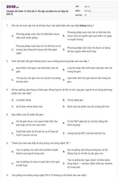 Chuyên đề Sinh 12 Chủ đề 4: Ôn tập và kiểm tra có đáp án (Đề 2)