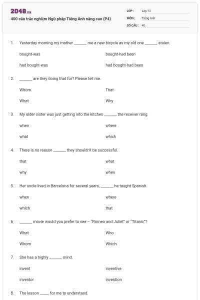 400 câu trắc nghiệm Ngữ pháp Tiếng Anh nâng cao (P4)