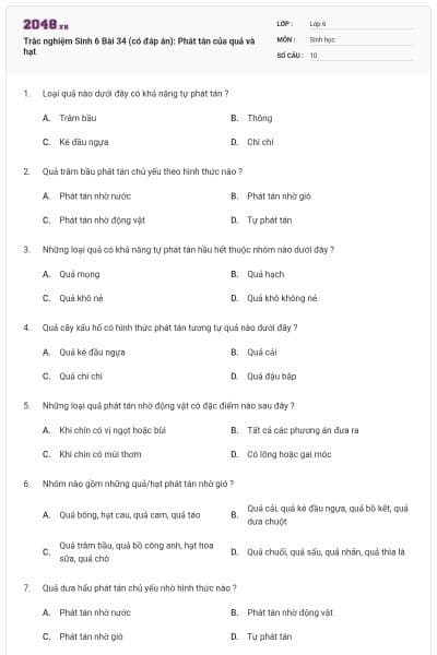 Trắc nghiệm Sinh 6 Bài 34 (có đáp án): Phát tán của quả và hạt