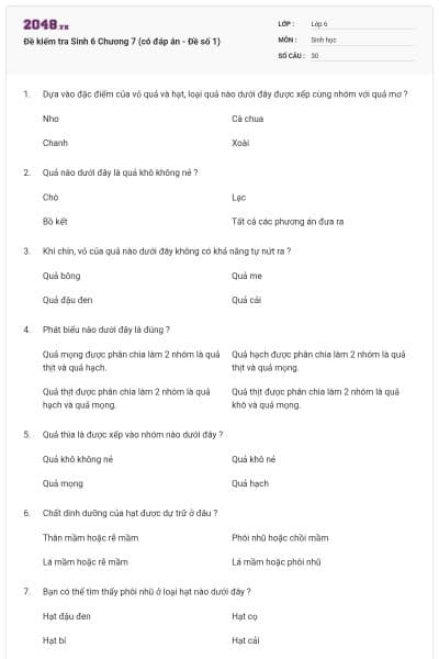 Đề kiểm tra Sinh 6 Chương 7 (có đáp án - Đề số 1)