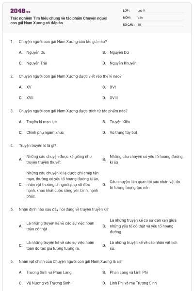 Trắc nghiệm Tìm hiểu chung về tác phẩm Chuyện người con gái Nam Xương có đáp án