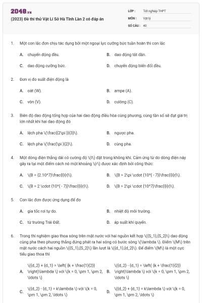 (2023) Đề thi thử Vật Lí Sở Hà Tĩnh Lần 2 có đáp án