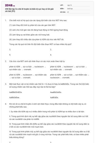 200 Bài tập Cơ chế di truyền và biến dị cực hay có lời giải chi tiết (P3)