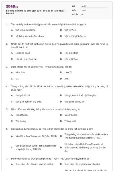 Bộ 8 Đề kiểm tra 15 phút Lịch sử 11 có đáp án (Mới nhất) - Đề số 8