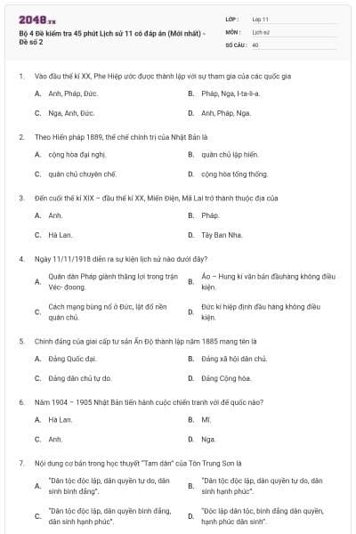 Bộ 4 Đề kiểm tra 45 phút Lịch sử 11 có đáp án (Mới nhất) - Đề số 2