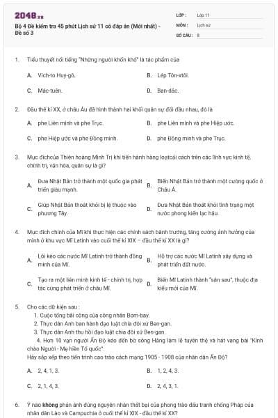 Bộ 4 Đề kiểm tra 45 phút Lịch sử 11 có đáp án (Mới nhất) - Đề số 3