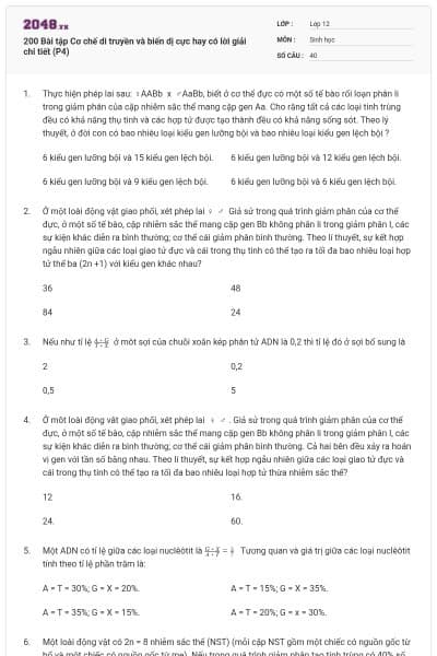 200 Bài tập Cơ chế di truyền và biến dị cực hay có lời giải chi tiết (P4)