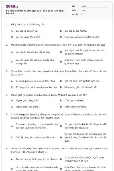 Bộ 4 Đề kiểm tra 45 phút Lịch sử 11 có đáp án (Mới nhất) - Đề số 4