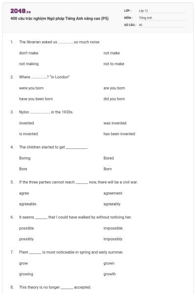 400 câu trắc nghiệm Ngữ pháp Tiếng Anh nâng cao (P5)