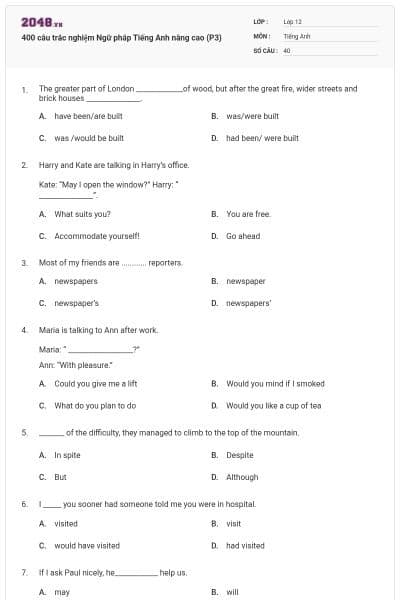 400 câu trắc nghiệm Ngữ pháp Tiếng Anh nâng cao (P3)