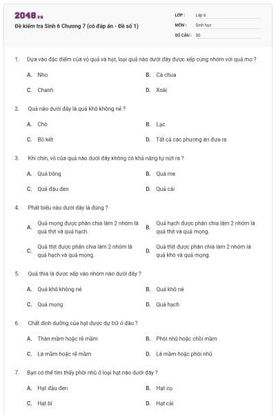 Đề kiểm tra Sinh 6 Chương 7 (có đáp án - Đề số 1)