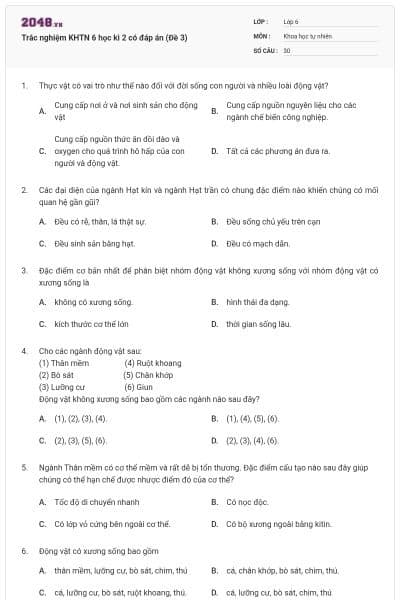 Trắc nghiệm KHTN 6 học kì 2 có đáp án (Đề 3)