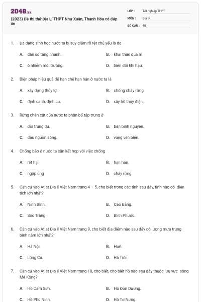 (2023) Đề thi thử Địa Lí THPT Như Xuân, Thanh Hóa có đáp án