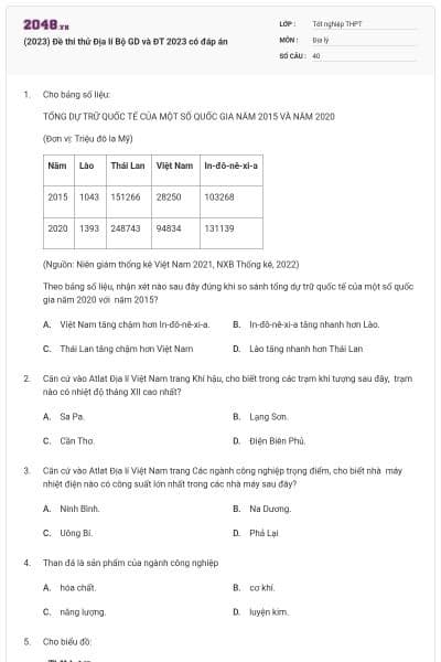 (2023) Đề thi thử Địa lí Bộ GD và ĐT 2023 có đáp án