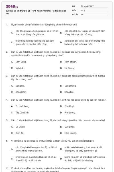 (2023) Đề thi thử Địa Lí THPT Xuân Phương, Hà Nội có đáp án
