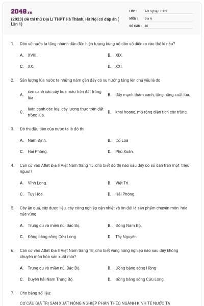 (2023) Đề thi thử Địa Lí THPT Hà Thành, Hà Nội có đáp án ( Lần 1)