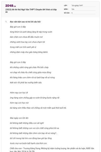(2023) Đề thi thử Ngữ Văn THPT Chuyên ĐH Vinh có đáp án