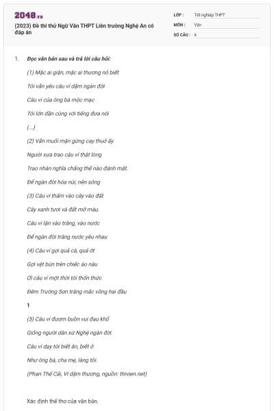 (2023) Đề thi thử Ngữ Văn THPT Liên trường Nghệ An có đáp án