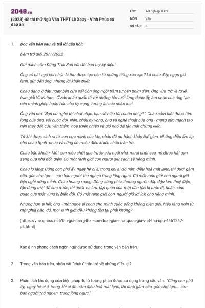 (2023) Đề thi thử Ngữ Văn THPT Lê Xoay - Vĩnh Phúc có đáp án