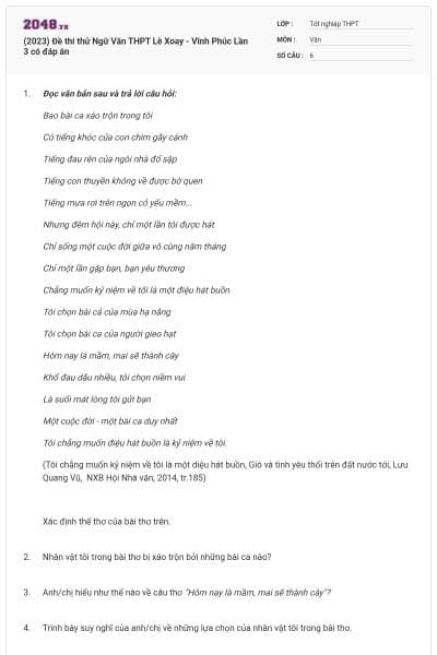 (2023) Đề thi thử Ngữ Văn THPT Lê Xoay - Vĩnh Phúc Lần 3 có đáp án