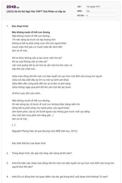 (2023) Đề thi thử Ngữ Văn THPT Thái Phiên có đáp án