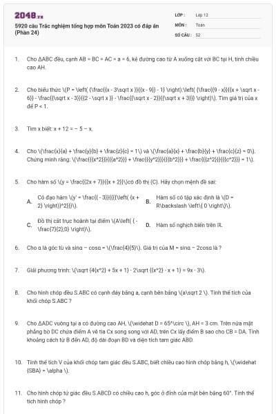 5920 câu Trắc nghiệm tổng hợp môn Toán 2023 có đáp án (Phần 24)